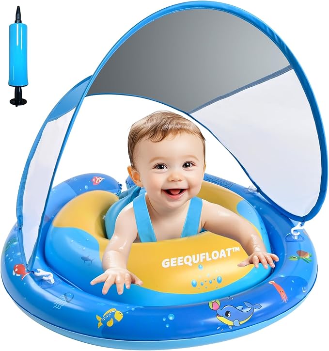 Extra Wide Toddler Pool Float,Anti-Rollover Design Infant Swim Float,Baby Floaties 6-12 Months,Baby Float with Canopy Removable UPF50+ Sun Protection,Adjustable Safety Seat,Toddler Floaties (Blue)