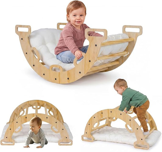 Costzon Wooden Rocking Climbing Arch w/Cushion, 3-in-1 Montessori Kids Climber Rocker for Toddlers, Playground Climbing Ladder Toy, Indoor Gym Learning Playset for Boys Girls Ages 1+ (Wood Color)