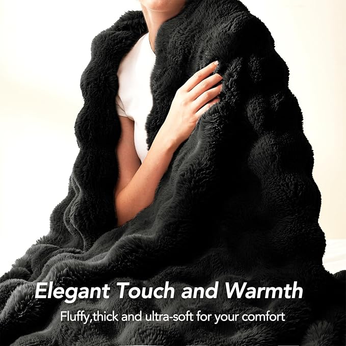 L'AGRATY Faux Rabbit Fur Throw Blanket for Couch, 50'' x 60'', Black | Soft Cozy Bubble Fluffy Blanket for Sofa Bed, Thick Warm Plush Fuzzy Throw for Room Home Decor, Luxury Gift for Women Mom