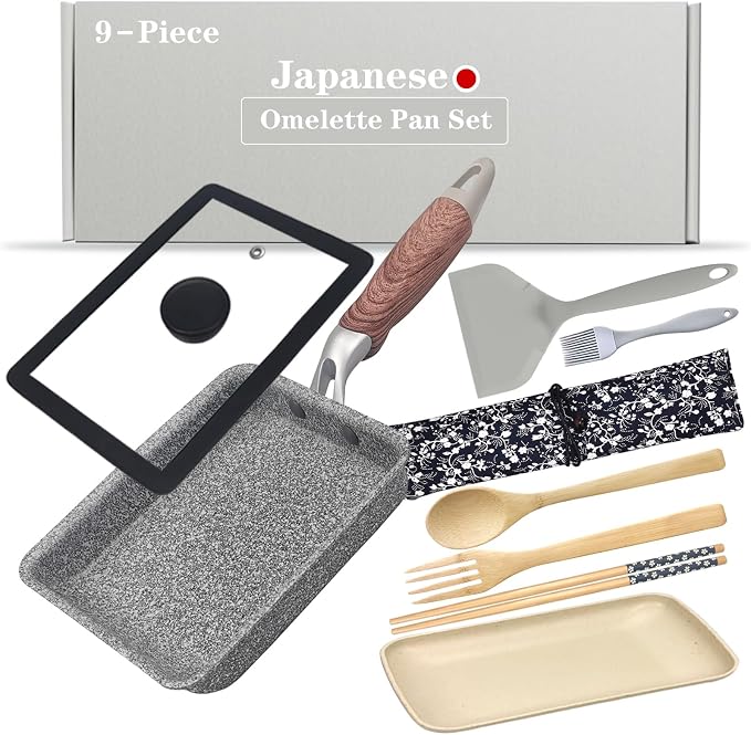 9Pcs Tamagoyaki Pan Set, Japanese Omelette Pan Nonstick with Lid, Square Japanese Egg Skillet Rectangle 7"x5" Grey