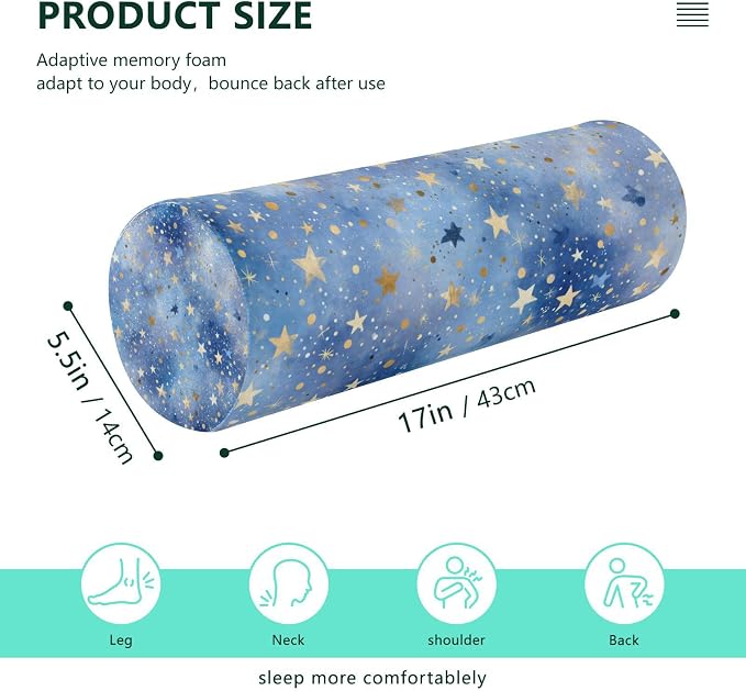 Blue Romantic Golden Stars Neck Roll Pillow Bolster Round Health Memory Foam Long Cervical Cylinder Pillows with Removable Washable Cover for Body Bed Legs Back Yoga