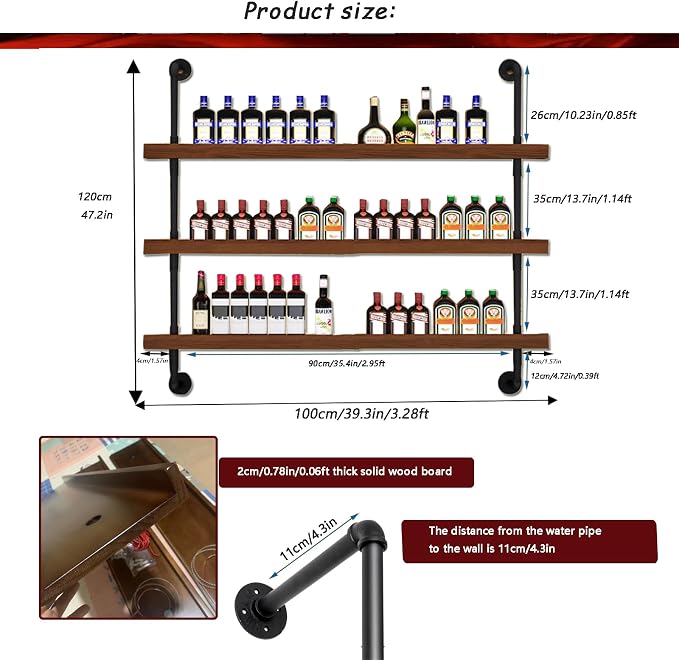 31.4in Wall Mounted Wine Rack with LED Light Solid Wood | 3-Tiers Liquor Bottles Floating Shelves Display Storage Organizer for Home Bar & Dining Room