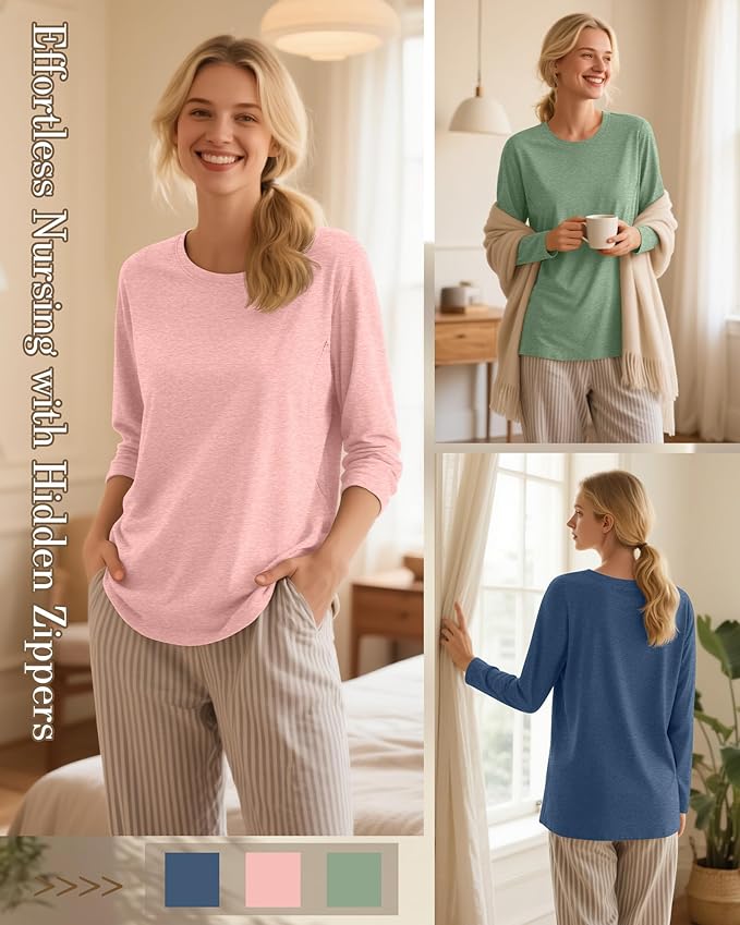 3 Pack Nursing Tops for Breastfeeding Maternity Shirts Zipper Long Sleeve Round Neck Knit Casual Nursing Clothes