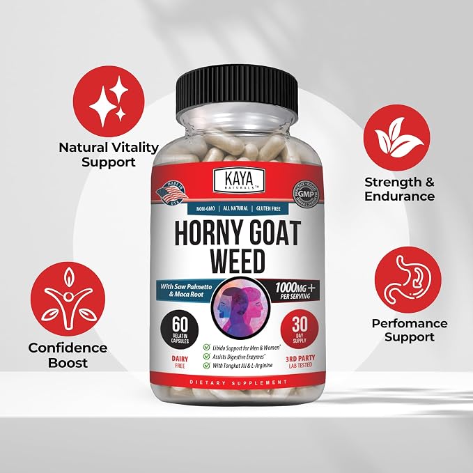 Kaya Naturals Horny Goat Weed Extract with Maca - Complex with Saw Palmetto Ginseng, Arginine Vitamin Supplement - Horny Goat Weed - 60 Count
