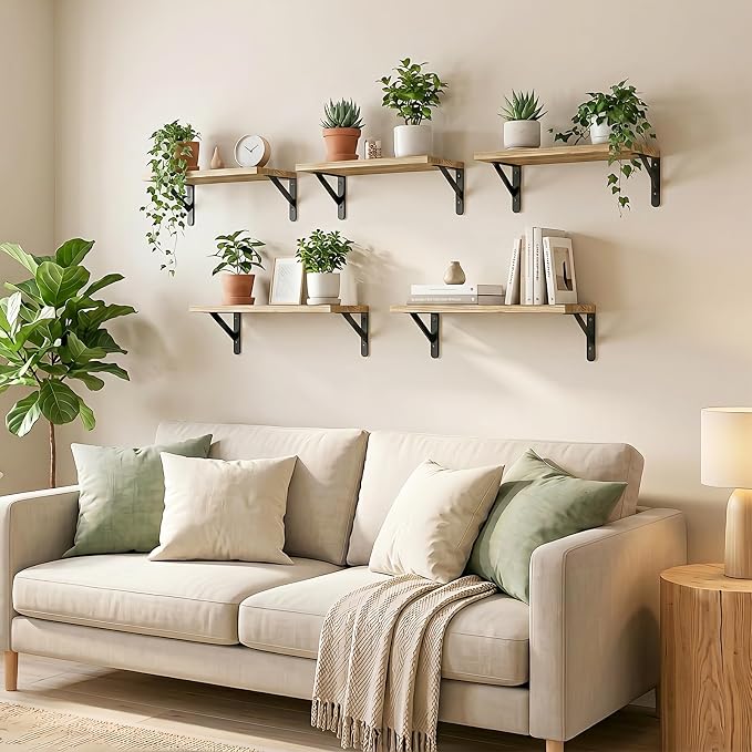 Fixwal Floating Shelves for Wall, Wood Wall Mounted Shelves for Bedroom, Bathroom, Living Room, Kitchen Storage and Decor(Rustic Brown, Set of 5, 16.5 Inch)