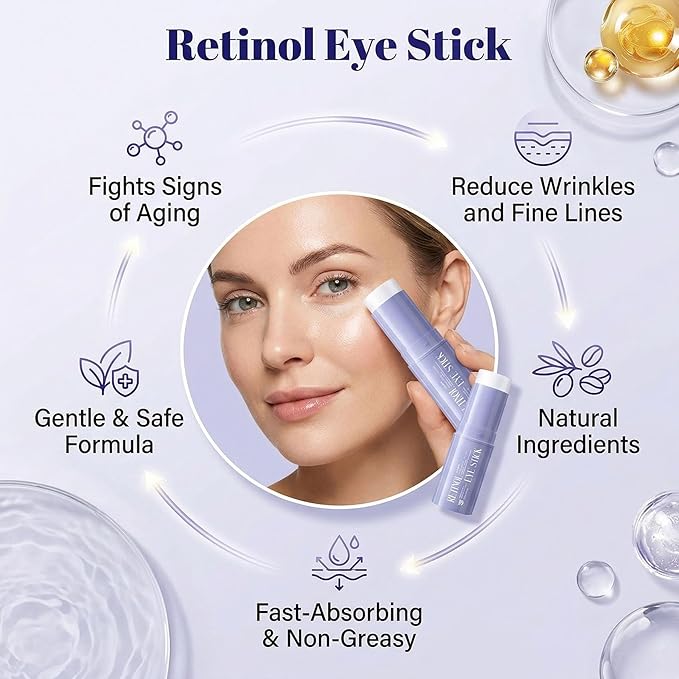 Retinol Eye Stick for Puffiness & Dark Circles, Caffeine Under Eye Balm for Fine Lines & Wrinkles, Anti-Aging Eye Cream Stick Moisturizer for Sensitive Skin, Travel Size (0.24oz)