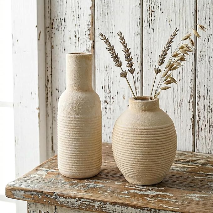 Rustic Farmhouse Vase Set of 3 - Ceramic Decorative Vases Home Decor - Pampas Grass Dried Fresh Flowers - for Centerpiece, Table, Mantel Entryway, Kitchen, Bedroom (White2)