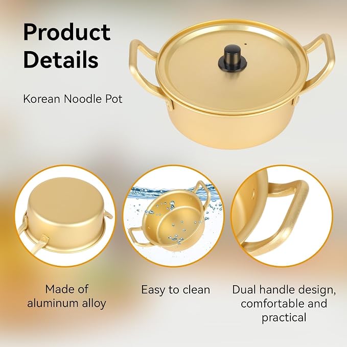 Korean Ramen Pot, Aluminum Noodle Pot with Lid Portable Korean Cookware Traditional Hot Pot Korean Noodle Cooker Fast Heating for Ramen, Soup, Pasta, Camping, Gold, 16cm