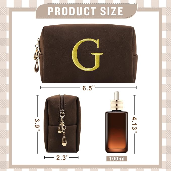 Personalized Initial Makeup Bag,Preppy Suede Cosmetic Bag for Teen Girls,Small Monogram Travel Toiletry Bag With Gold Embroidered Letter,Trendy Stuff Custom Christmas Gift for Women(Coffee-G)