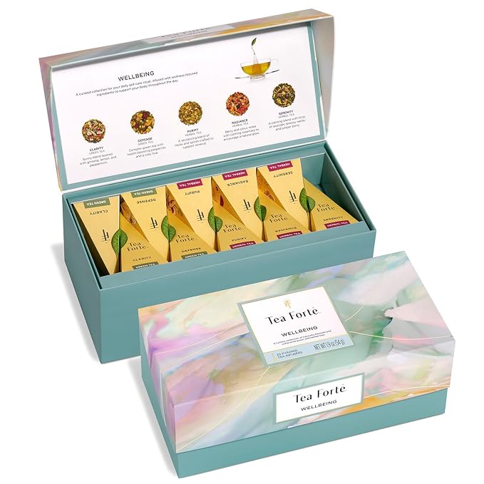 Tea Forte Premium Presentation Box Gift Set Sampler, 20 Count, Assorted Blends Individually Wrapped Handcrafted Pyramid Infuser Bags, Wellbeing