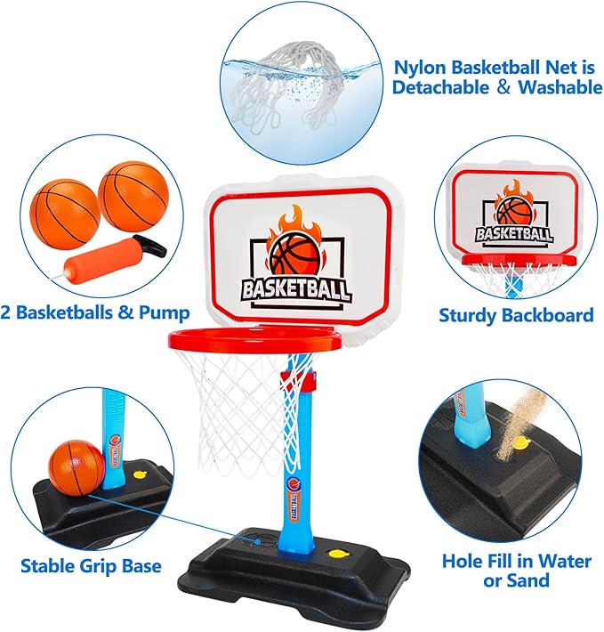 Toddler Basketball Indoor Toys for Age 3, Mini Adjustable Kids Basketball Hoops with Ball Pump Outdoor Pool Basketball Goal Sports Outside Play Toys for 3 year old Baby Boys Girls Birthday Gifts