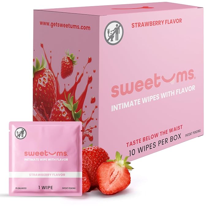 Sweetums Feminine Wipes For Women, Individually Wrapped - pH Balanced Flavored Intimate Wipes - Pack of 10 (Strawberry)