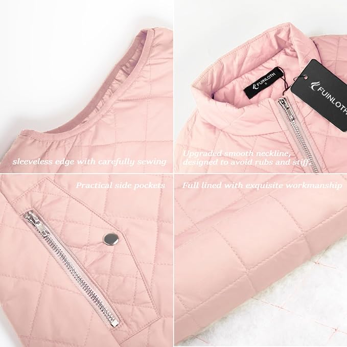 Fuinloth Women's Quilted Vest Lightweight Puffer Stand Collar Zip Gilet | 4 pockets with 2 inner storage. Quilted padded warm gilet. Fall winter outerwear layering vest for travel hiking daily wear.