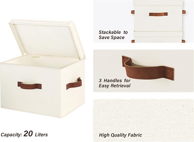 StorageWorks Fabric Storage Bins with Lids, Large Closet Storage Bins | Flip-Top Lid, 3 Handles, Collapsible, Stackable, for Clothes Blankets, Multi-Purpose, Large, Ivory White, 2-Pack