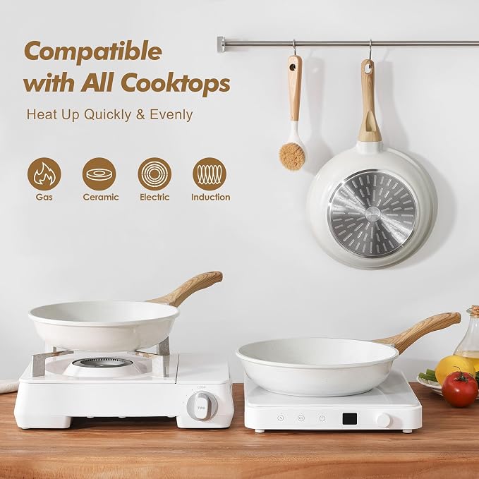 SENSARTE Ceramic Nonstick Frying Pan Skillets, White (8+11Inch with Lid) | Healthy ceramic nontoxic coating, PTFE & PFAS free. Compatible with all stoves including induction cooktops. Easy to clean.