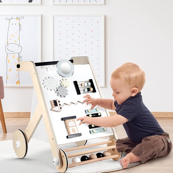 Beright Wooden Baby Walker with Roller, Push and Pull Learning Activity Walker, Multi-Functional Kids’ Activity Toy, Multiple Activities Center, Develops Motor Skills & Stimulates Creativity, Natural