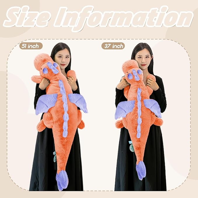 ARELUX Large 37in Cute Dragon Stuffed Animals Plush Toy Soft Orange Pterosaur Plushie Giant Fuzzy Dinosaur Pillow Plushies with Blue Wings Cuddly for Friends Family Member