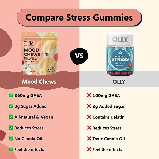 PYM Berry Mood Chews Support for Stress, Worry & Overwhelm, 60 Count | 130mg GABA, 90mg L-Theanine | Vegan,Non-GMO, Gluten-Free,No Added Sugar | All-Natural Mood Support Supplement in Resealable Bag