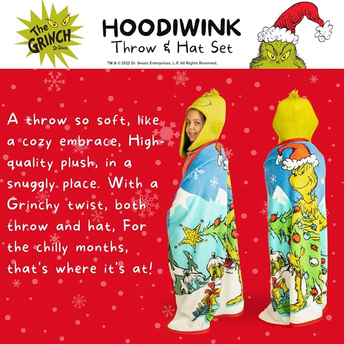 Dr. Seuss The Grinch Costume Holiday and Christmas Kids Super Soft Hooded Throw with Detachable Hat, 50"(L) X 60" (W), (Official Licensed Product) By Franco
