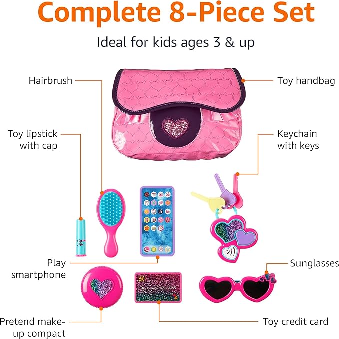 Amazon Basics 8-Piece Pretend Play Purse Toy with Accessories for Girls Ages 3 and Up, Handbag Gift Set Including Smartphone, Sunglasses, Makeup Compact, Keys and Credit Card, Pink