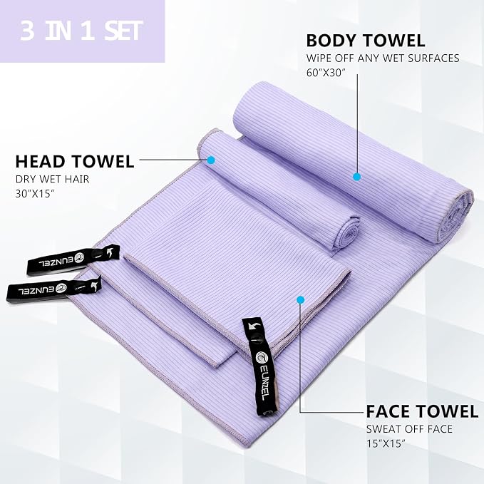Eunzel Quick Dry Camping Towel, Microfibre Ribbed Towel Travel Towel 3 Sizes 1 Pack Fast Drying Towel Set for Camping, Beach, Gym, Sports, Yoga & Swimming Pool, Purple