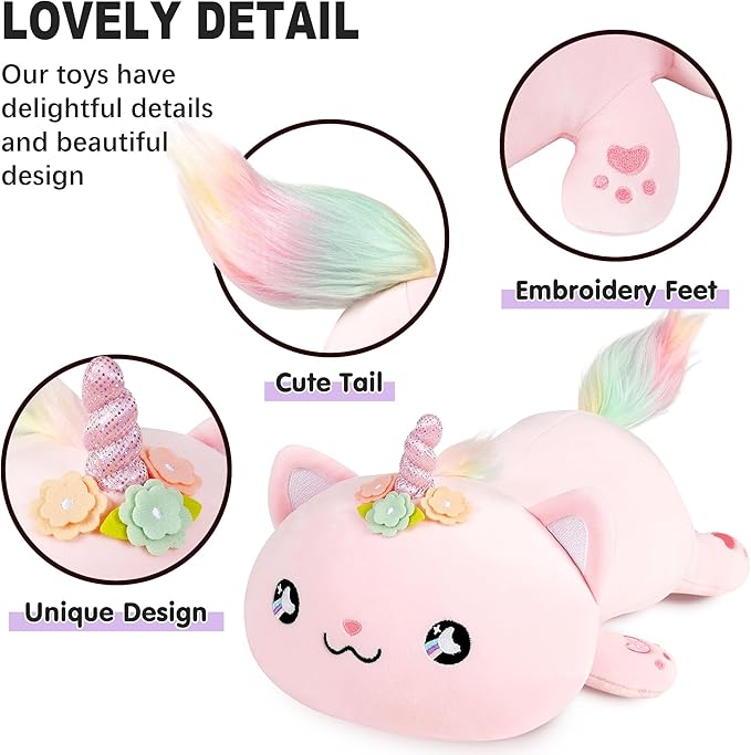 Onsoyours Cute Kitten Unicorn Plush Toy Stuffed Animal Kitty Soft Anime Cat Plush Pillow for Kids (Pink Unicorn Cat, 12")