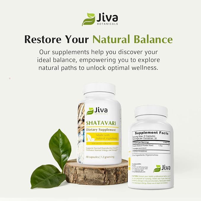 Jiva Botanicals Shatavari Capsules for Women – 1,200mg Organic Shatavari Powder for Hormonal Balance, Women’s Reproductive Health & Menopause Support – Non-GMO, Vegan, Gluten-Free – 60 Capsules
