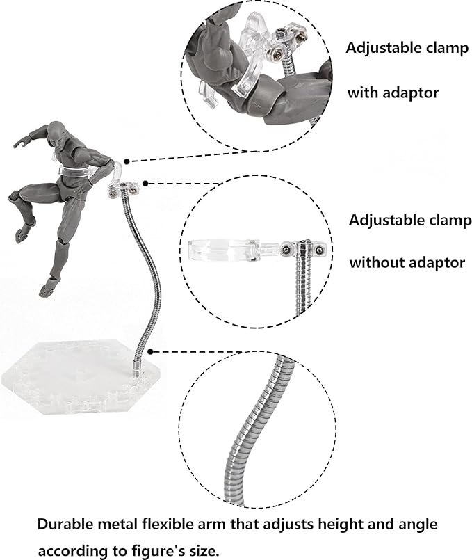 Action Figure Stand with Adjustable Metal Support Arm, Action Figure Display Holder Stand Base Compatible with HG RG SD SHF Gundam 1/144 Toy with Screwdriver (2Pcs Clear)