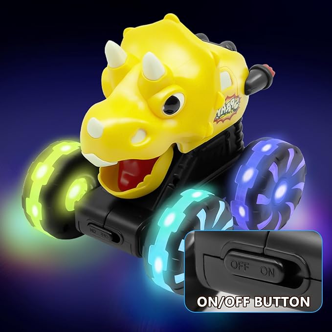 Yellow Triceratops Dino Monster Truck – Toddler Push Car Toy with LED Wheels – Press & Go Dinosaur Toy Vehicle for Kids Ages 2 3 4 5 – Chomping Mouth Light-Up Action Toy for Boys Girls