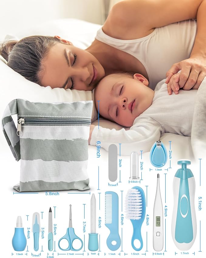 Baby Healthcare and Grooming Kit, 24 in 1 Baby Electric Nail Trimmer Set Newborn Nursery Health Care Set for Newborn Infant Toddlers Baby Boys Girls Kids Haircut Tools (0-3 Years+) (Blue)