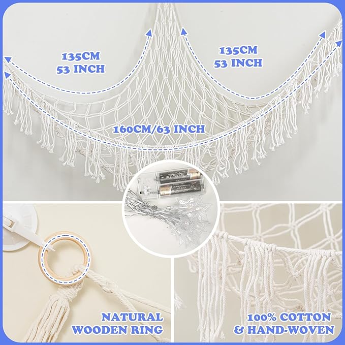 Stuffed Animals Hammock with LED Light Included 2Batteries - 63 inch XX-Large Boho Style Toy Storage Net - Corner Hanging Hammock for Small or Large Plushies Organize & Girls Room Decor, Baby Nursery