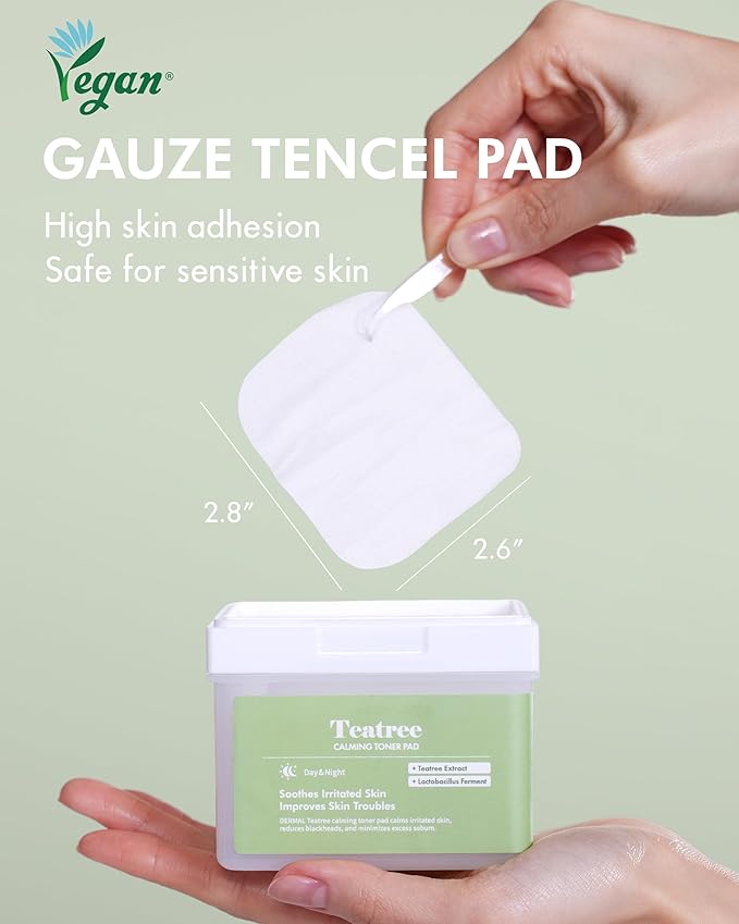 DERMAL Teatree Calming Toner Pad - Korean Toner Pad for Calming & Acne Improvement with Zinc PCA - Vegan Gauze Tencel Square Pads - Travel Kit 12 Pads, 3 Pack (Total 36 ea)