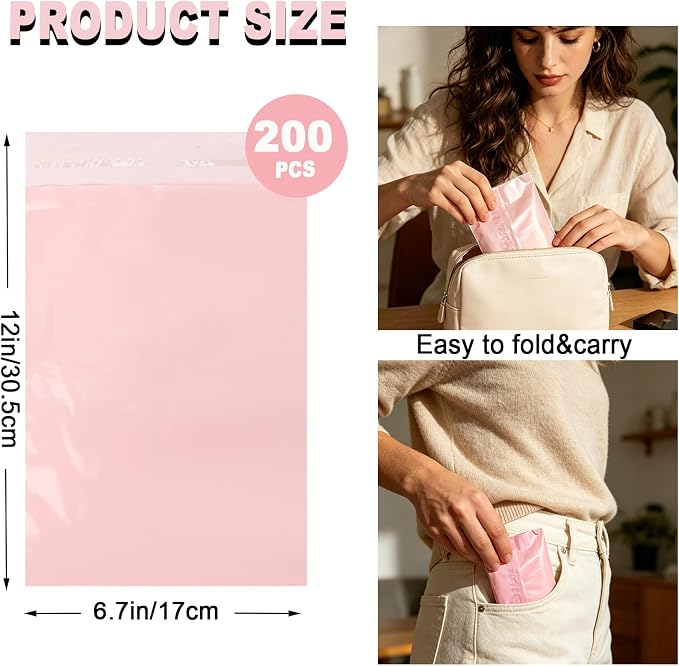 200 PCS Sanitary Napkin Disposal Bags, Self-sealing, Odor-proof, Rectangular, Plastic, 12“ x 6.7” Bags for Feminine Hygiene, Personal Waste, or Pet Waste (Pink)