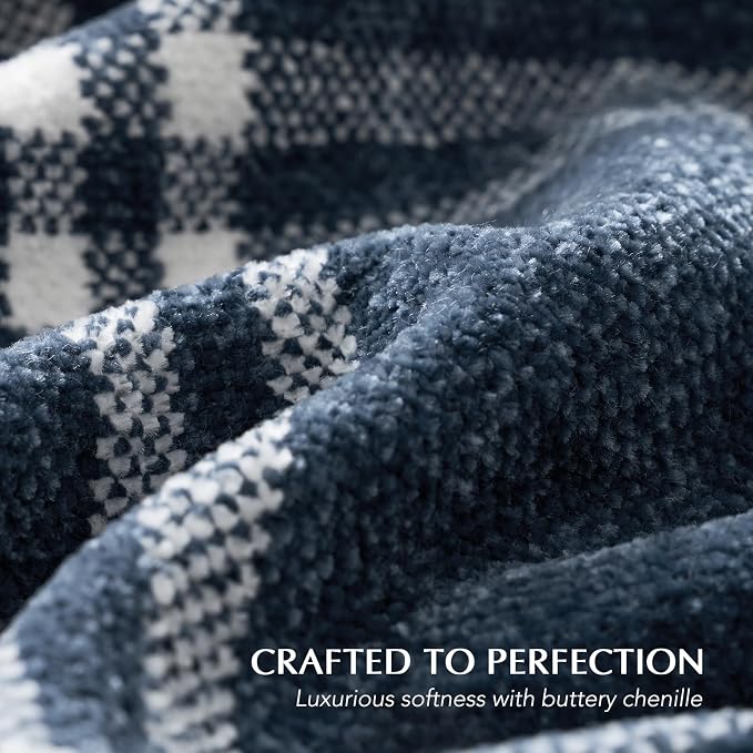 Plaid Chenille Knit Throw Blanket, 60"x80", Navy & White | Soft Knitted Throw with Tassels, Cozy, Lightweight, Windowpane Grid Plaid, Decorative Farmhouse Throw for Couch Bed Sofa Gift