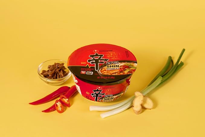 Nongshim Shin Ramyun Bowl Noodles, Spicy Korean Signature Instant Ramyun, Rich Beef Flavored Broth, Quick and Easy, Microwaveable Bowl, 3.03 oz (Pack of 24)
