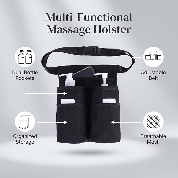 Massage Oil Holster Belt for Therapists, Massage Bottle Holder Waist Bag with Adjustable Belt, Massage Lotion Holster Organizer with Multi Pockets for Massage Therapy Supplies & Table Accessories