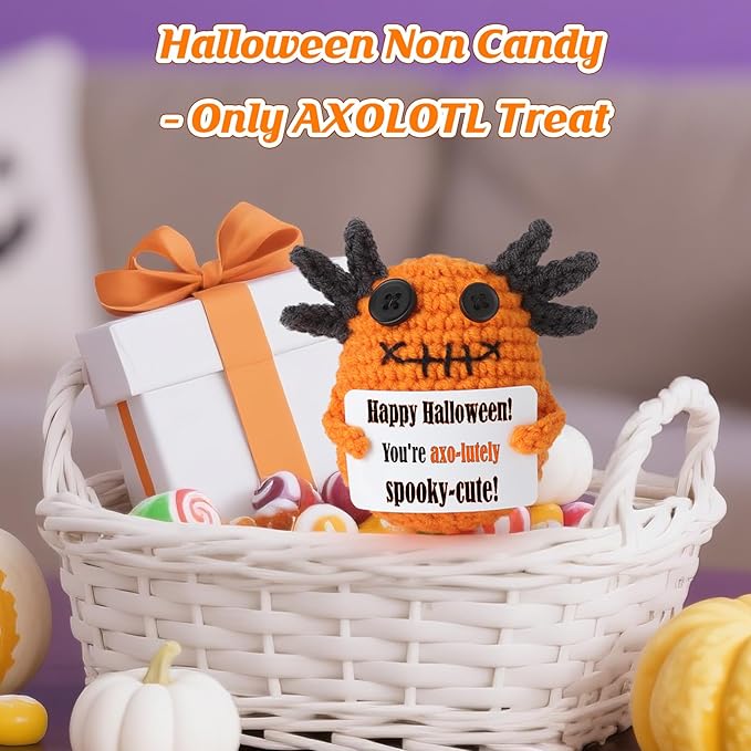 Non Candy Halloween Treats for Kids, Crochet Axolotl Décor for Teens Tweens Girls Boys, Trick or Treat Halloween Gifts, Halloween Goodie Bag Stuffers in Boo Basket