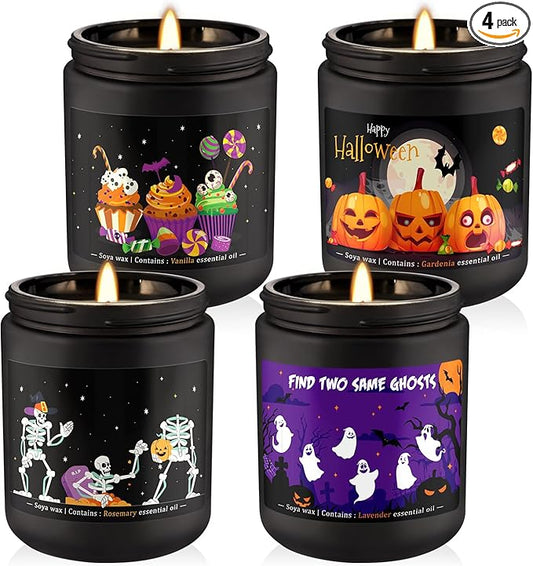4 Pack 8Oz Halloween Scented Candles for Home Scented Aromatherapy Candles, Soy Wax Autumn Candle Gift Set for Women Men，Home Decoration，Themed Party Decor