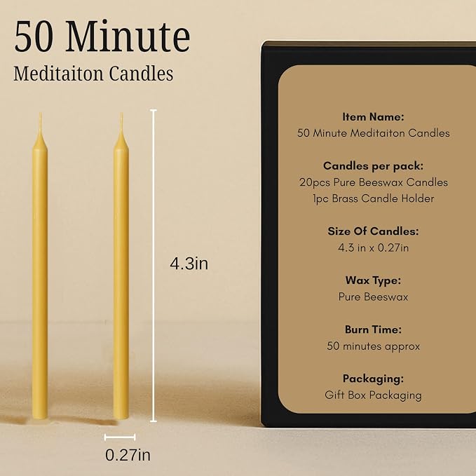 Australian Made 50 Minute Pure Beeswax Candles, Beeswax Meditation Candle Set, Set of 20 mini Candles with Brass Holder, Stress Releif Gifts for Women,Non Toxic Yoga Candle (50 Min Set + Holder)