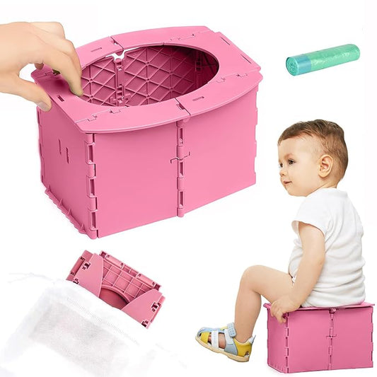 Portable Potty Seat for Toddler Foldable Travel Potty Training Toilet Seat with Cleaning Bags Reusable for Outdoor Camping, Travel, Kids Toddler Travel Potty Seat (Pink)