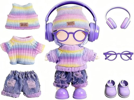 17cm Handcrafted Doll Clothes (NO Doll) – 6-Piece Set, Hat + Sweaters + Skirt + Headphones + Glasses + Shoes, Cute and Premium Dolls Outfit Accessories (Rainbow Style)