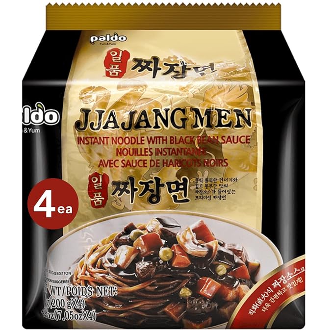 Korean Food Paldo Jjajang Instant Black Bean Sauce Noodles 4 Packs 28.2oz | Korean-style instant black bean sauce noodles with rich savory flavor and chewy texture. Includes 4 convenient packs.