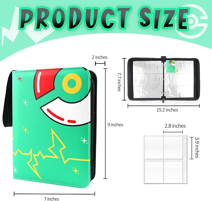 Card Binder 4-Pockets, 400 Pockets Card Holder with 50 Removable Sleeves, Trading Card Collector Zipper Album Holder, Green