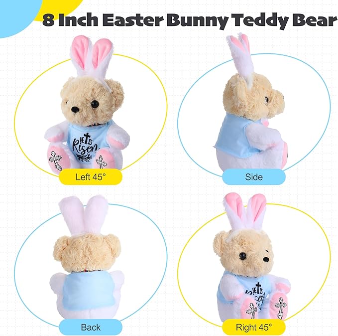 Easter Stuffed Animal Teddy Bear with Bunny Ears Headband, 8 Inch Soft Plush Toy Easter Gift for Kids, Easter Basket Stuffer for Boys Girls, Easter Plush for Spring Decor | He is Risen
