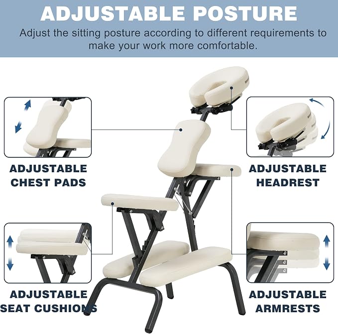 Portable Massage Chair for Tattoo and Spa Foldable Massage Therapy Chair with Adjustable Face Cradle High-Density Cushion Lightweight Design with Carrying Bag Ideal for Salon Use (Cream)