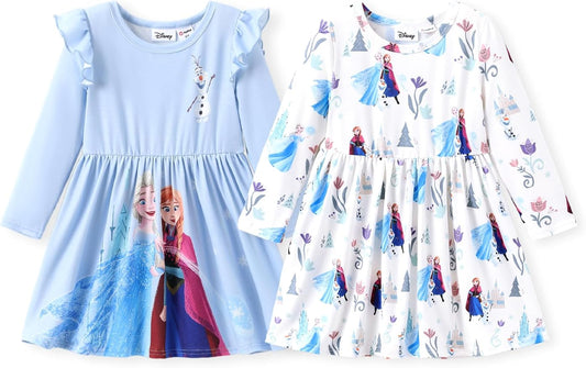 Disney Frozen Elsa Stitch Princess Minnie Mouse Toddler Girl Dresses 2 Pack Ruffle Long Sleeve Dress Set (3 Months - 6 Years)