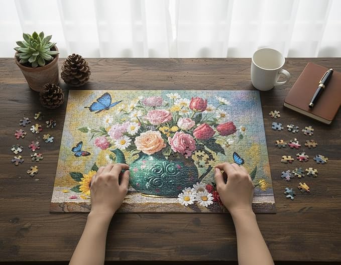1000 Pieces Jigsaw Puzzles for Adults, Floral & Bird Series - Exquisite Nature Art & Seamless Fit, Calming Brain Teaser, Large 28" x 20", Great Gift for Garden Lovers（Blooming Teapot）