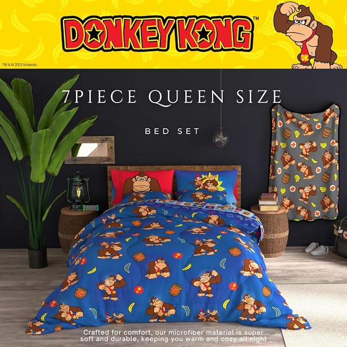 Collectibles Nintendo Donkey Kong Gaming Bedding 7 Piece Super Soft Reversible Comforter and Sheet Set with Sham, Queen, (Officially Licensed Product) By Franco