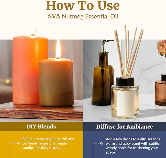 SVA Nutmeg Essential Oil 4 Fl Oz – for Diffuser, Skin & Hair Care – Ideal for Massage & DIY Blends - with Dropper