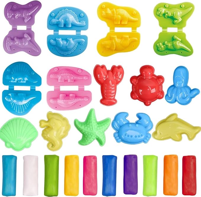 Unleash Creativity with 14 Unique Dino and 0cean Molds Dough Toys Dough Accessories Set Whit 10 Dough.Ideal as a Gift for Kids Aged 3-4-8 Years